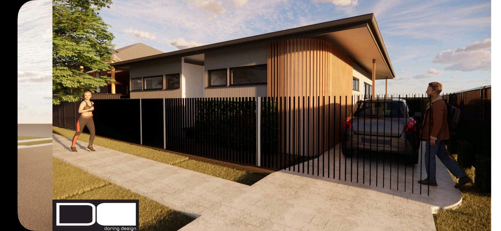 Contemporary single-storey new build with timber batten screen, Mayfield