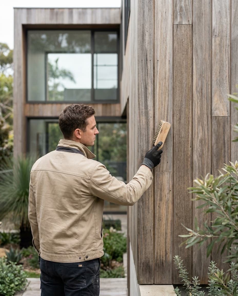 Tradesperson inspecting and treating the timber cladding of a modern architect-designed residence, post-handover maintenance care