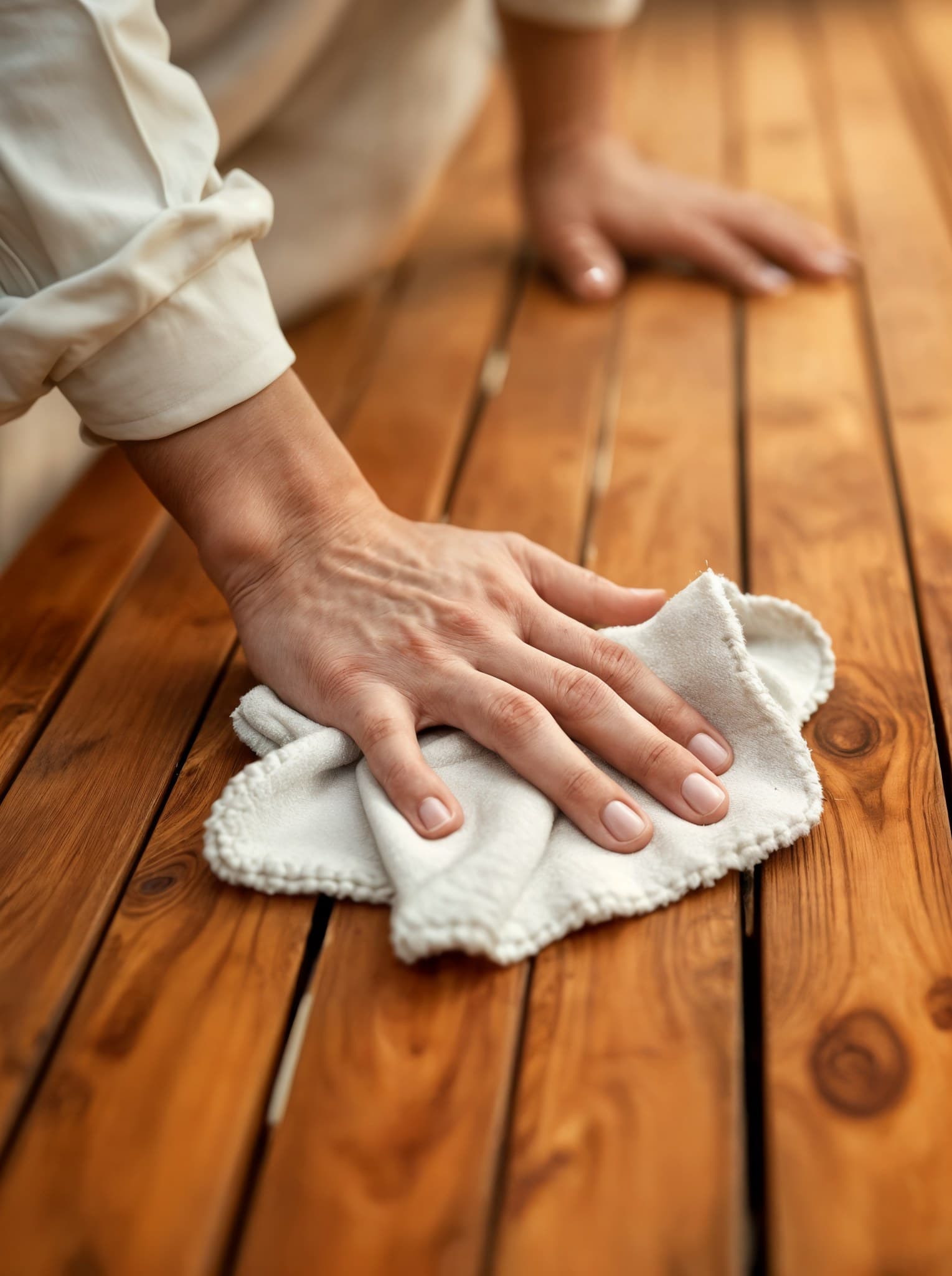 Hands treating a timber deck board with oil, post-handover maintenance care